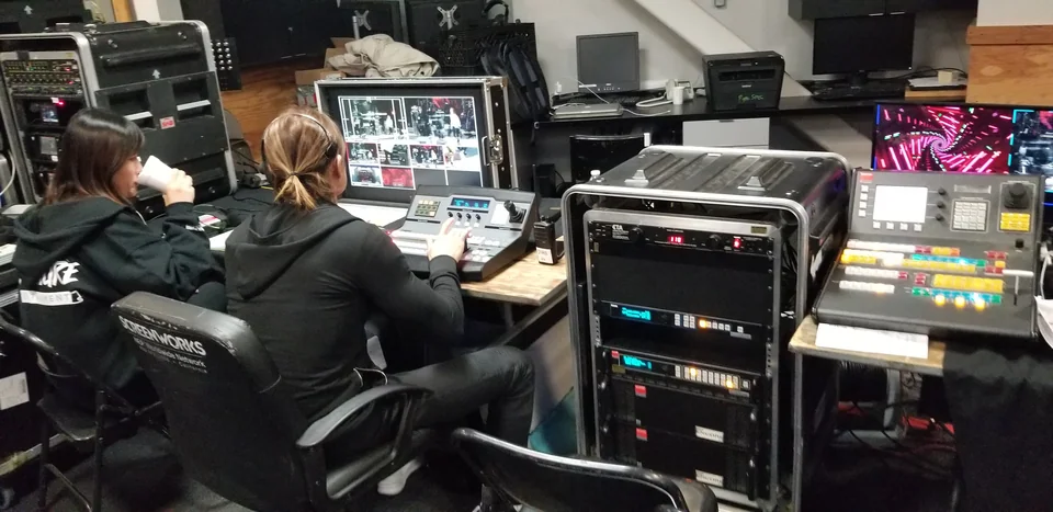 Production team and video controls at the Hollywood Bowl Music Festival